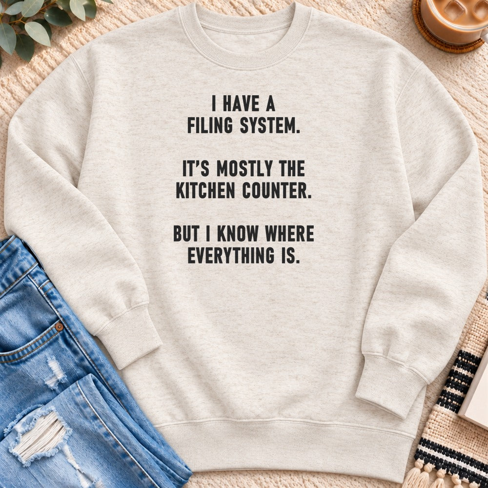 My Filing System Is the Kitchen Counter Sweatshirt in Oatmeal Heather - Quiet Chaos Co unisex mental health sweatshirt