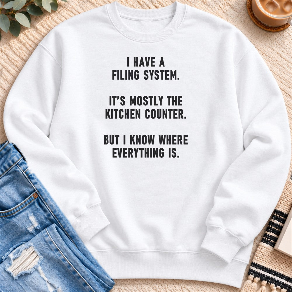 My Filing System Is the Kitchen Counter Sweatshirt in White - Quiet Chaos Co unisex mental health sweatshirt