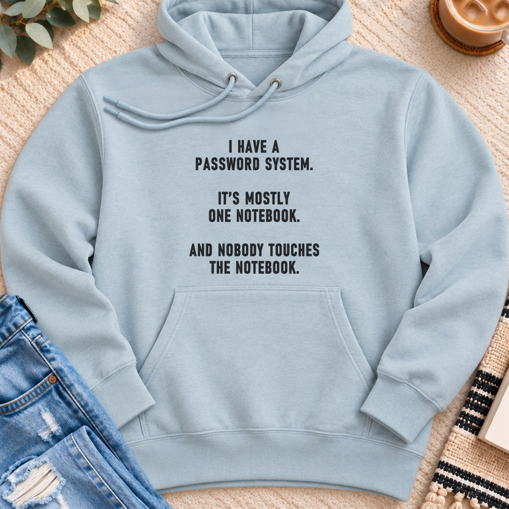 My Password System Is One Notebook Premium Hoodie in Blue Mist - Quiet Chaos Co unisex mental health hoodie