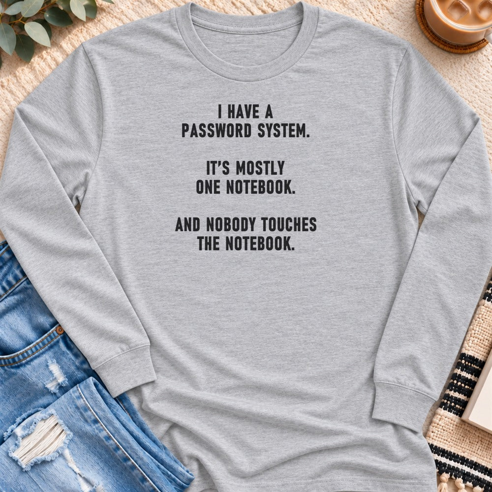 My Password System Is One Notebook Long Sleeve in Sport Grey - Quiet Chaos Co unisex mental health long sleeve tee