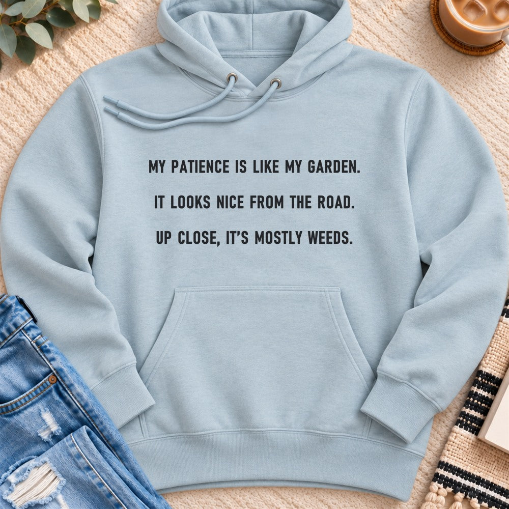 My Patience Is Like My Garden Premium Hoodie in Blue Mist - Quiet Chaos Co unisex mental health hoodie