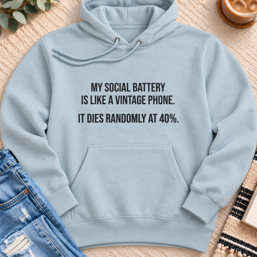 My Social Battery is Like a Vintage Phone Premium Hoodie in Blue Mist - Quiet Chaos Co unisex mental health hoodie