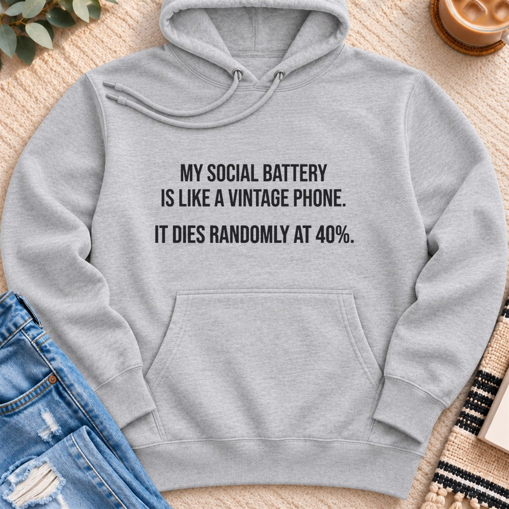 My Social Battery is Like a Vintage Phone Premium Hoodie in Heather Grey - Quiet Chaos Co unisex mental health hoodie
