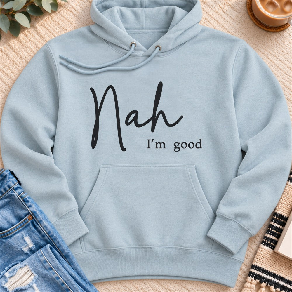 Nah, I'm Good Premium Hoodie in Blue Mist - Quiet Chaos Co unisex mental health hoodie