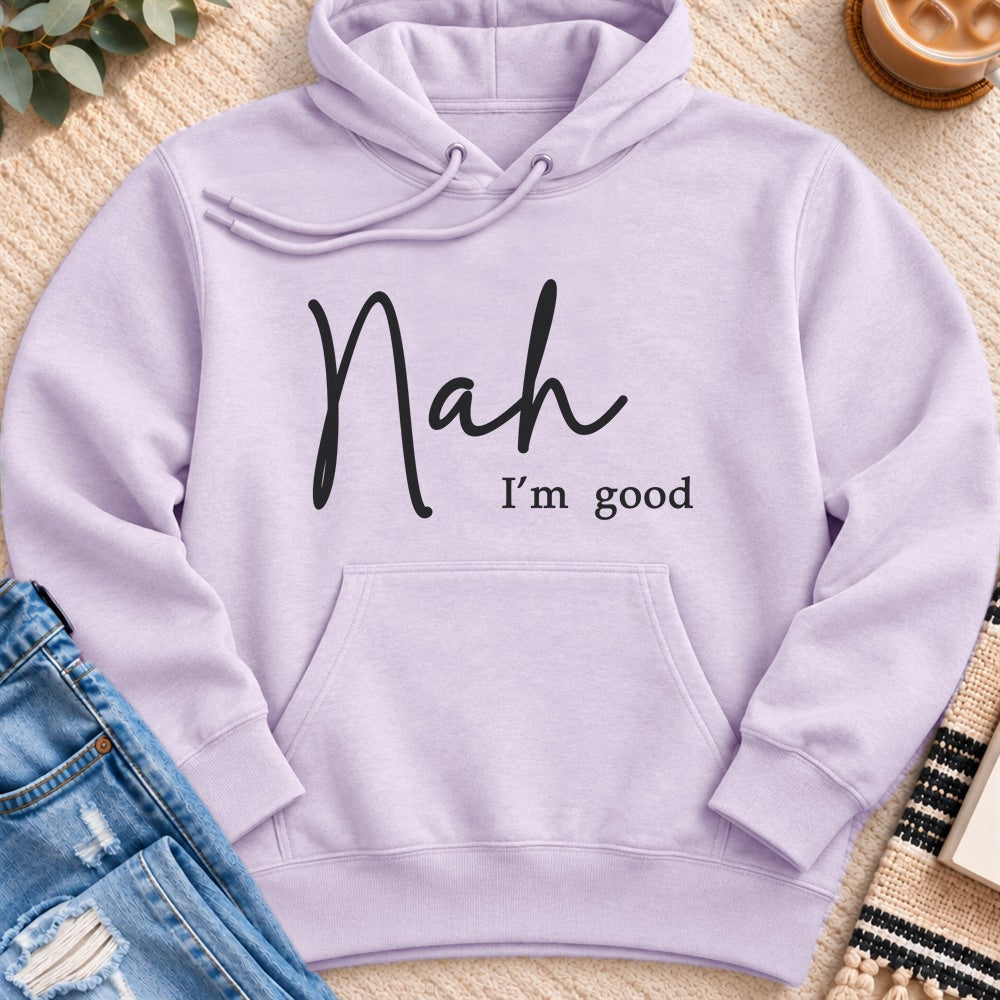 Nah, I'm Good Premium Hoodie in Lilac - Quiet Chaos Co unisex mental health hoodie