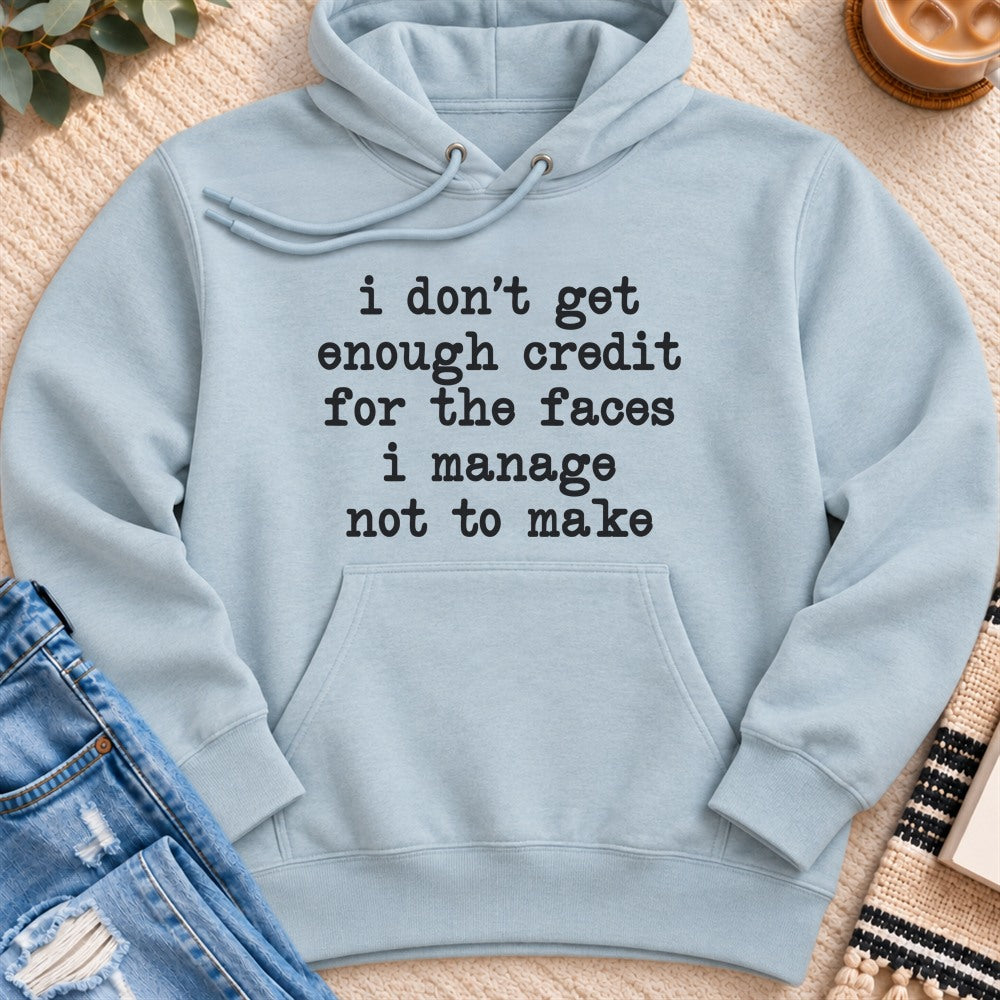 No Credit for the Faces I Don't Make Premium Hoodie in Blue Mist - Quiet Chaos Co unisex mental health hoodie