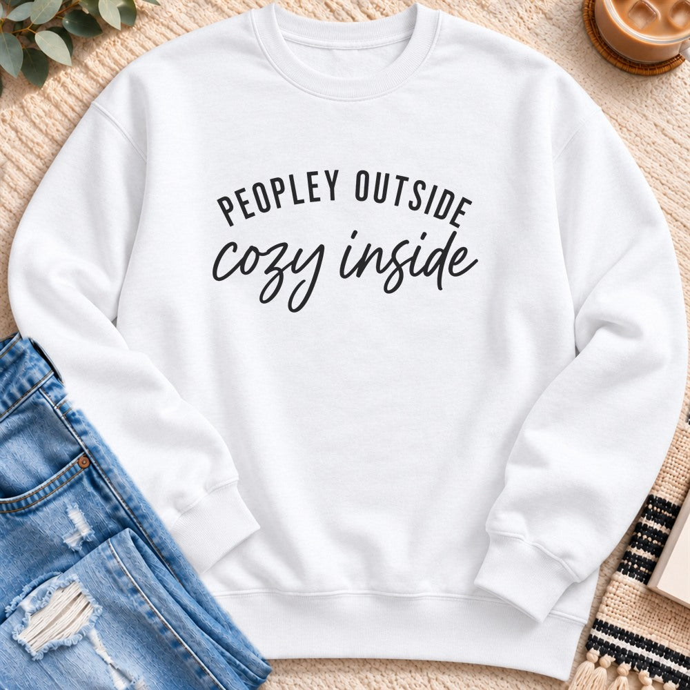 Peopley Outside, Cozy Inside Sweatshirt in White - Quiet Chaos Co unisex mental health sweatshirt