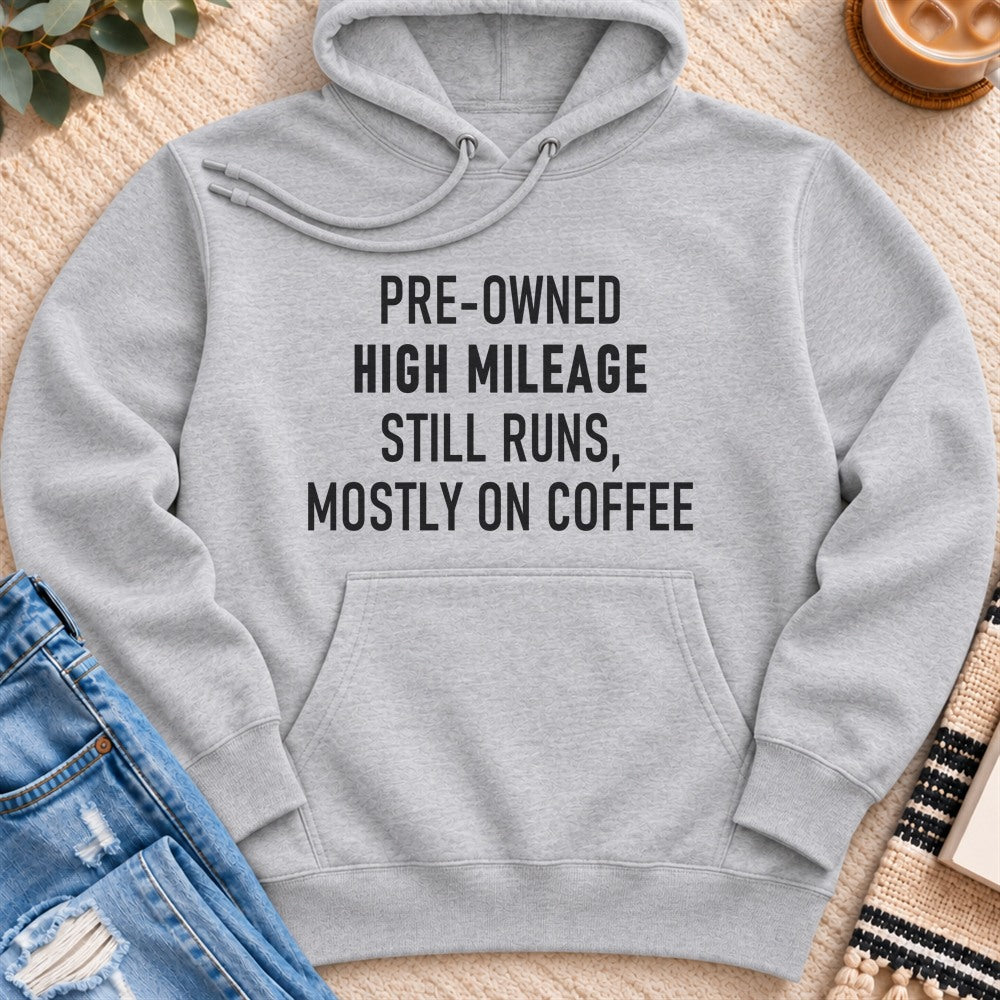 Pre-Owned, High Mileage, Runs on Coffee Premium Hoodie in Heather Grey - Quiet Chaos Co unisex mental health hoodie