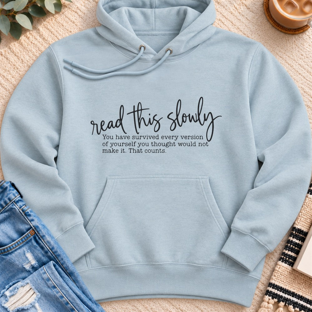 Read This Slowly Premium Hoodie in Blue Mist - Quiet Chaos Co unisex mental health hoodie