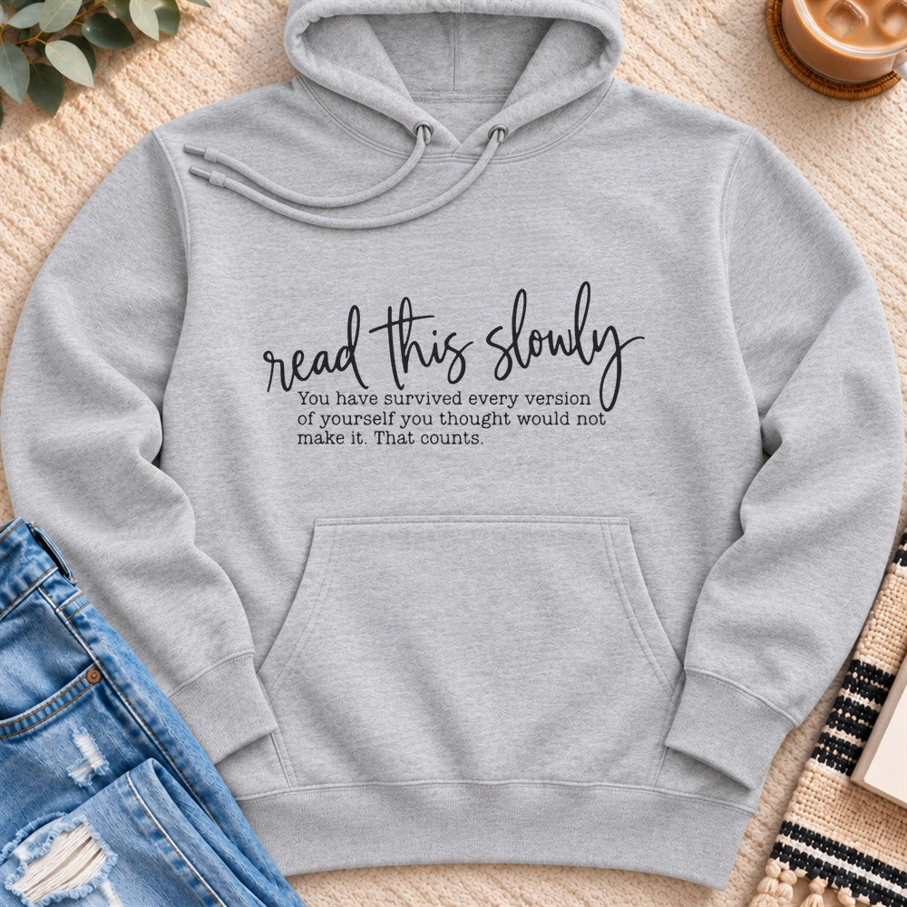 Read This Slowly Premium Hoodie in Heather Grey - Quiet Chaos Co unisex mental health hoodie