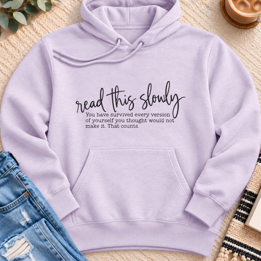 Read This Slowly Premium Hoodie in Lilac - Quiet Chaos Co unisex mental health hoodie