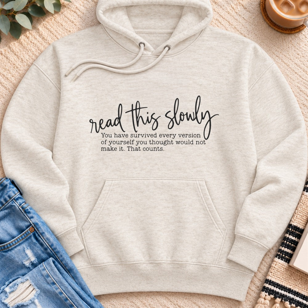 Read This Slowly Premium Hoodie in Oatmeal Heather - Quiet Chaos Co unisex mental health hoodie