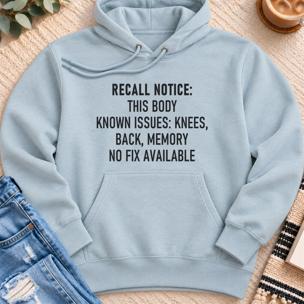 Recall Notice, This Body, No Fix Available Premium Hoodie in Blue Mist - Quiet Chaos Co unisex mental health hoodie
