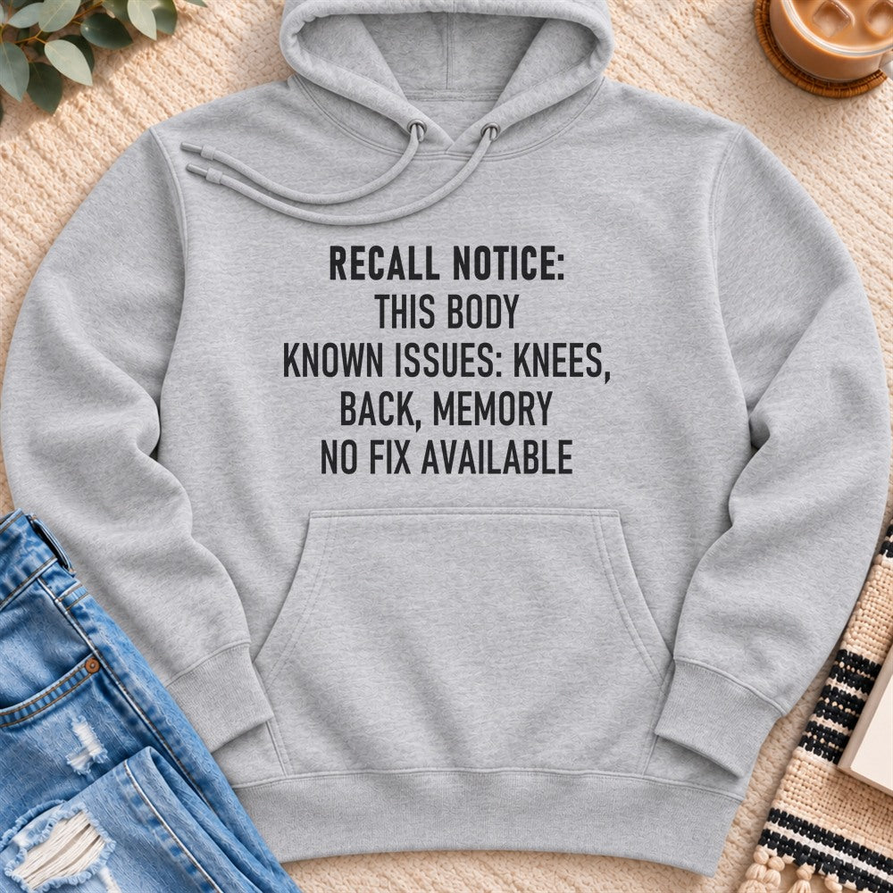 Recall Notice, This Body, No Fix Available Premium Hoodie in Heather Grey - Quiet Chaos Co unisex mental health hoodie