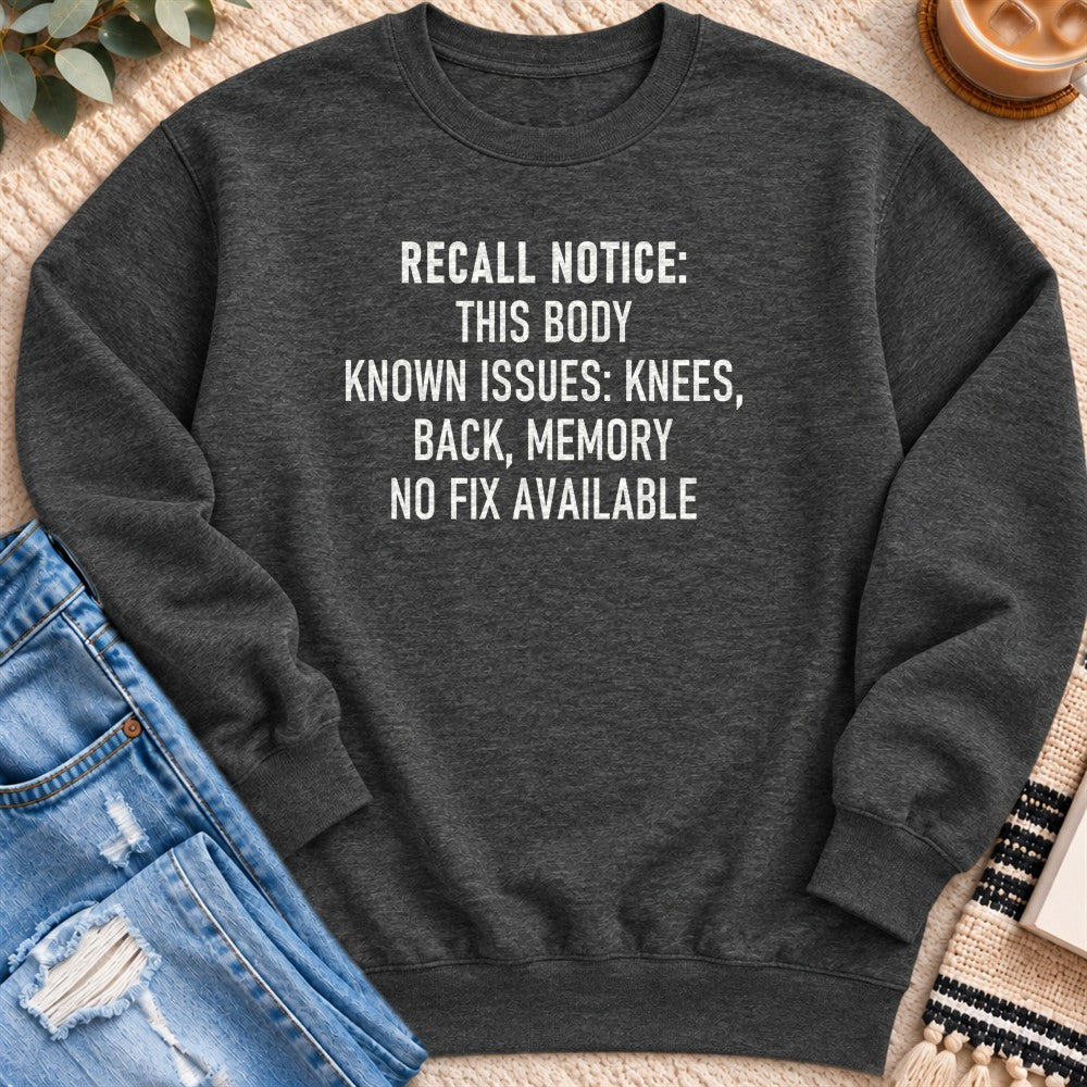 Recall Notice, This Body, No Fix Available Sweatshirt in Charcoal Heather - Quiet Chaos Co unisex mental health sweatshirt
