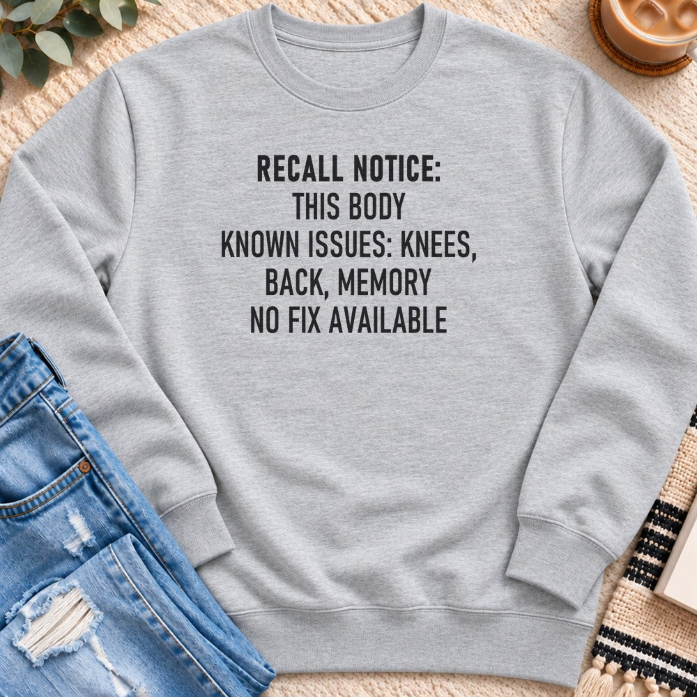 Recall Notice, This Body, No Fix Available Sweatshirt in Heather Grey - Quiet Chaos Co unisex mental health sweatshirt