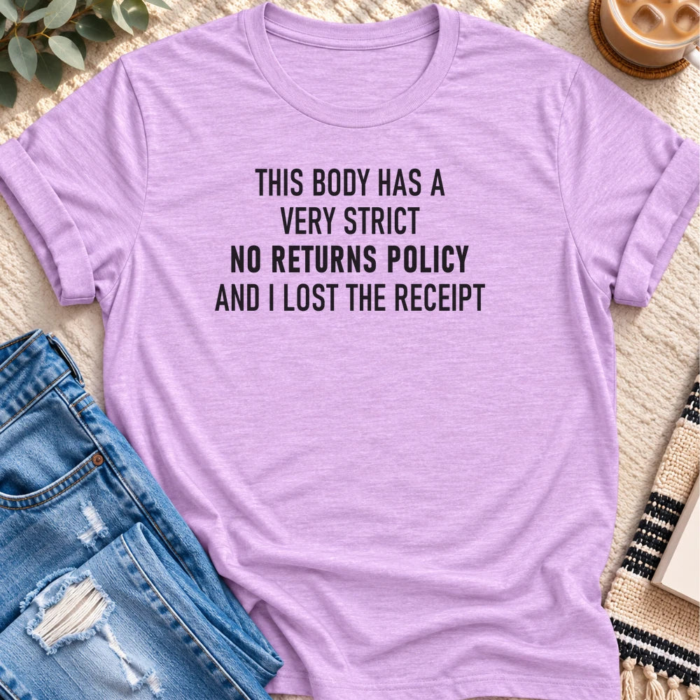A Very Strict No Returns Policy T-shirt in Heather Prism Lilac - Quiet Chaos Co unisex mental health tee