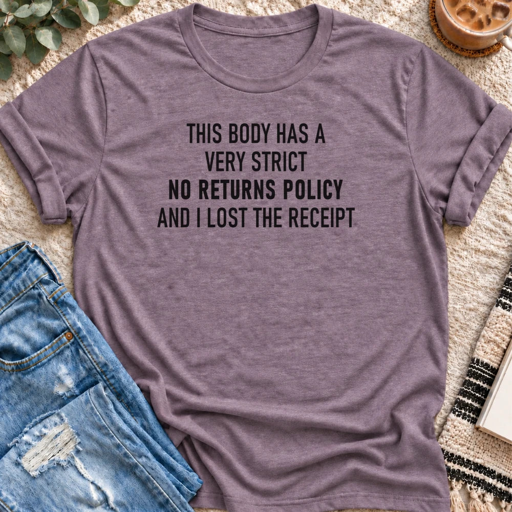 A Very Strict No Returns Policy T-shirt in Heather Purple - Quiet Chaos Co unisex mental health tee