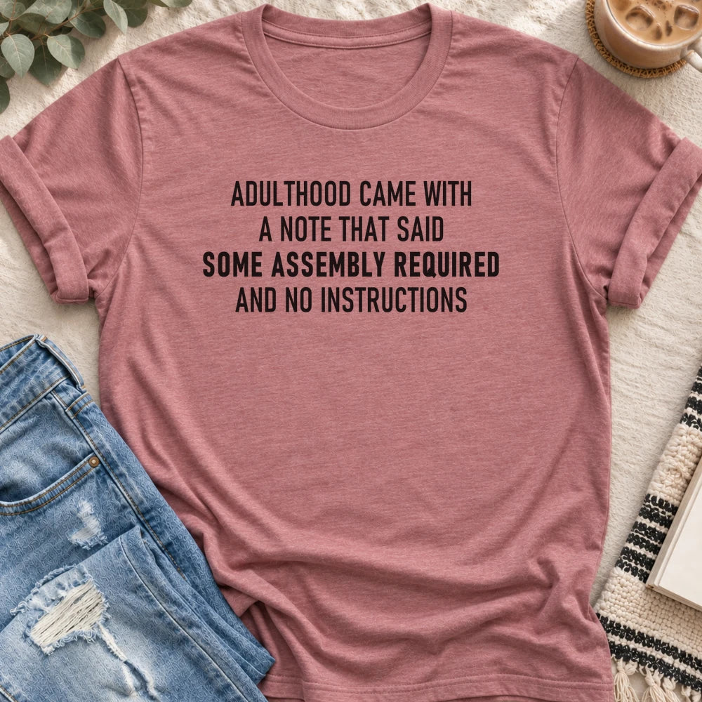 Adulthood, Some Assembly Required T-shirt in Heather Mauve - Quiet Chaos Co unisex mental health tee