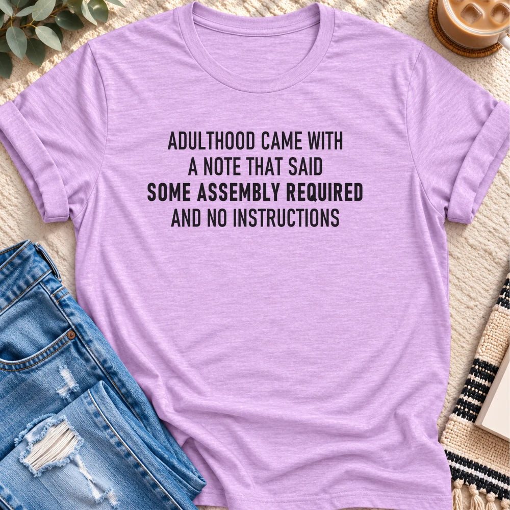 Adulthood, Some Assembly Required T-shirt in Heather Prism Lilac - Quiet Chaos Co unisex mental health tee