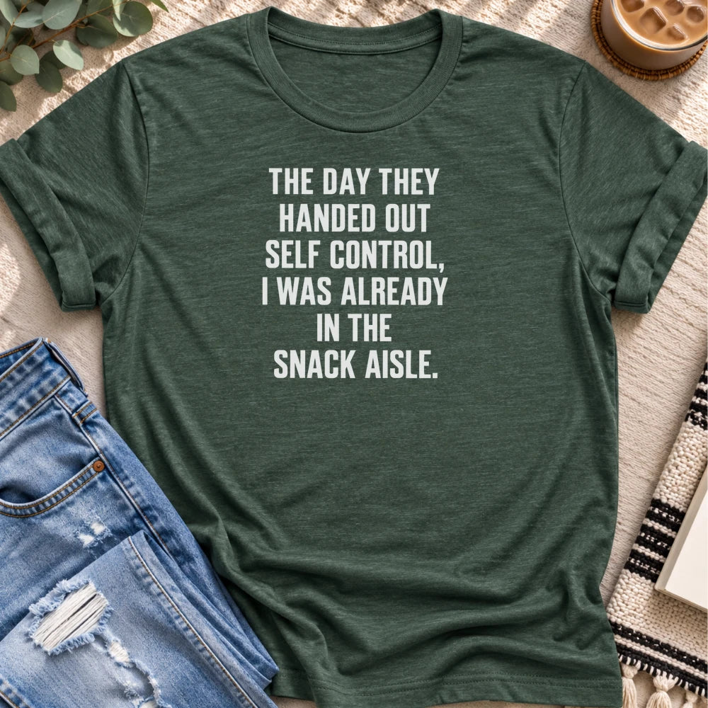 Already in the Snack Aisle T-shirt in Heather Forest - Quiet Chaos Co unisex mental health tee