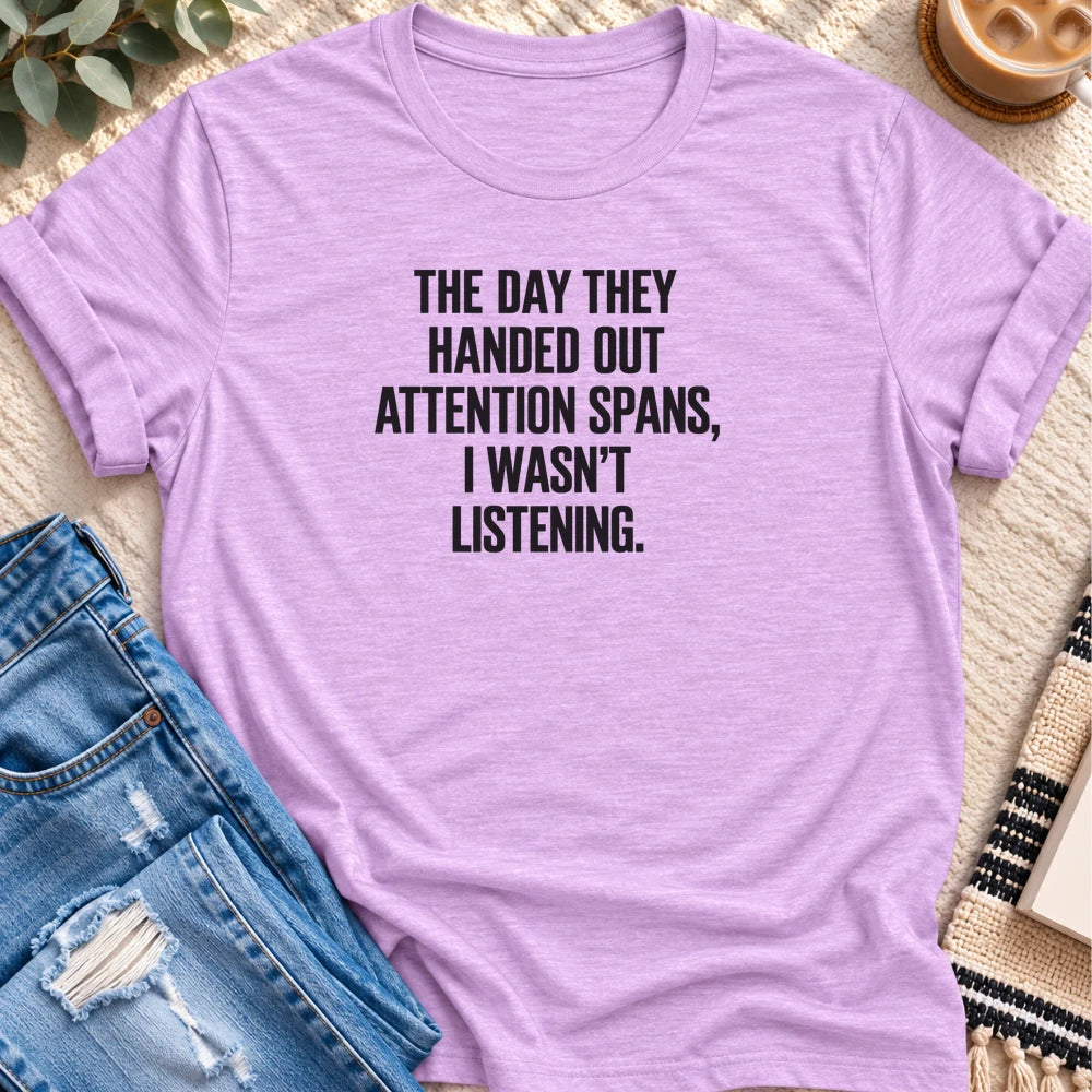 Attention Spans, I Wasn't Listening T-shirt in Heather Prism Lilac - Quiet Chaos Co unisex mental health tee
