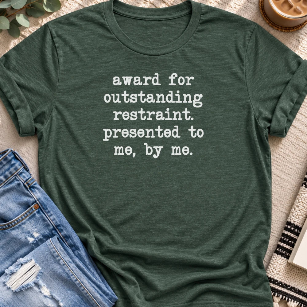 Award for Outstanding Restraint T-shirt in Heather Forest - Quiet Chaos Co unisex mental health tee