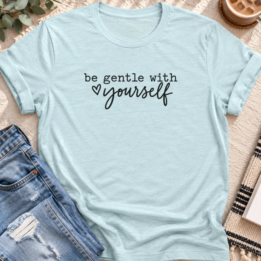 Be Gentle With Yourself T-Shirt in Heather Prism Ice Blue - Quiet Chaos Co unisex mental health tee