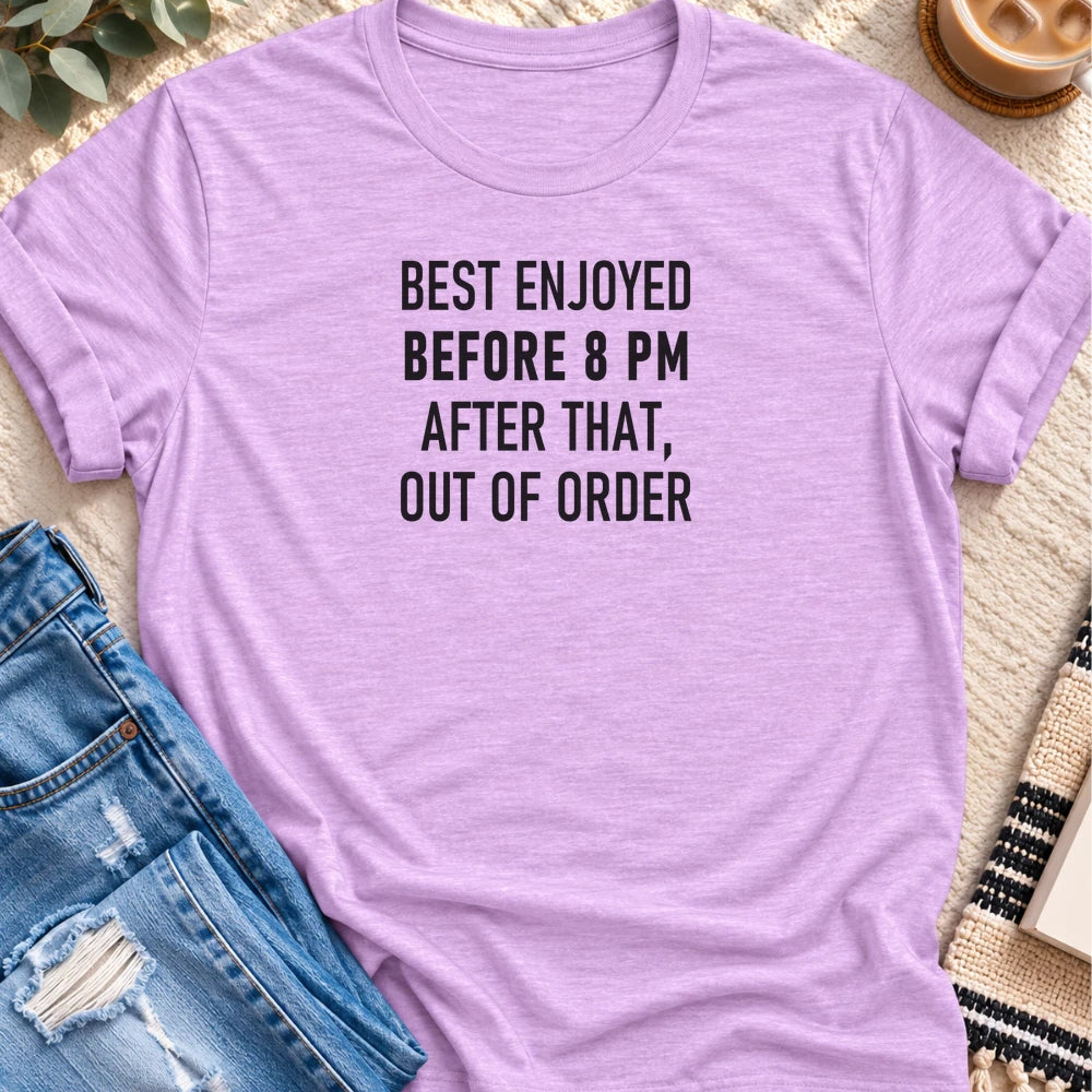 Best Enjoyed Before 8 PM T-shirt in Heather Prism Lilac - Quiet Chaos Co unisex mental health tee