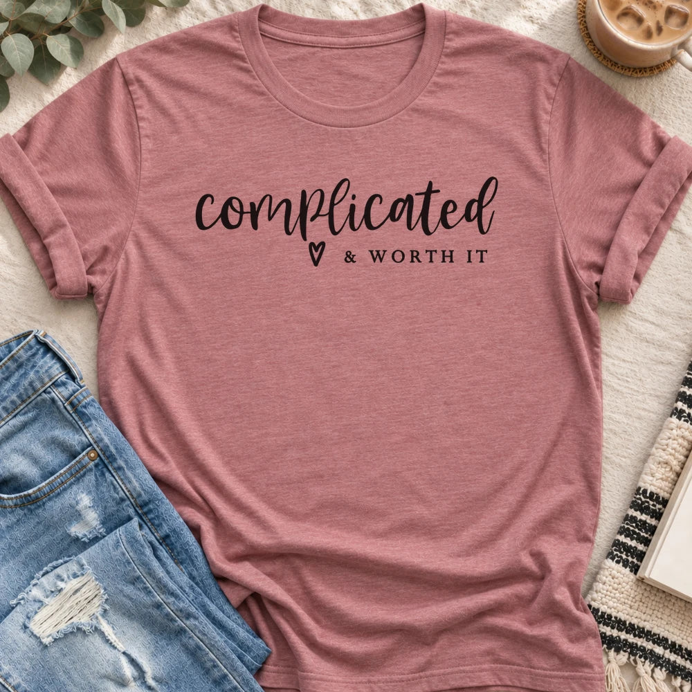 Complicated & Worth It T-shirt in Heather Mauve - Quiet Chaos Co unisex mental health tee
