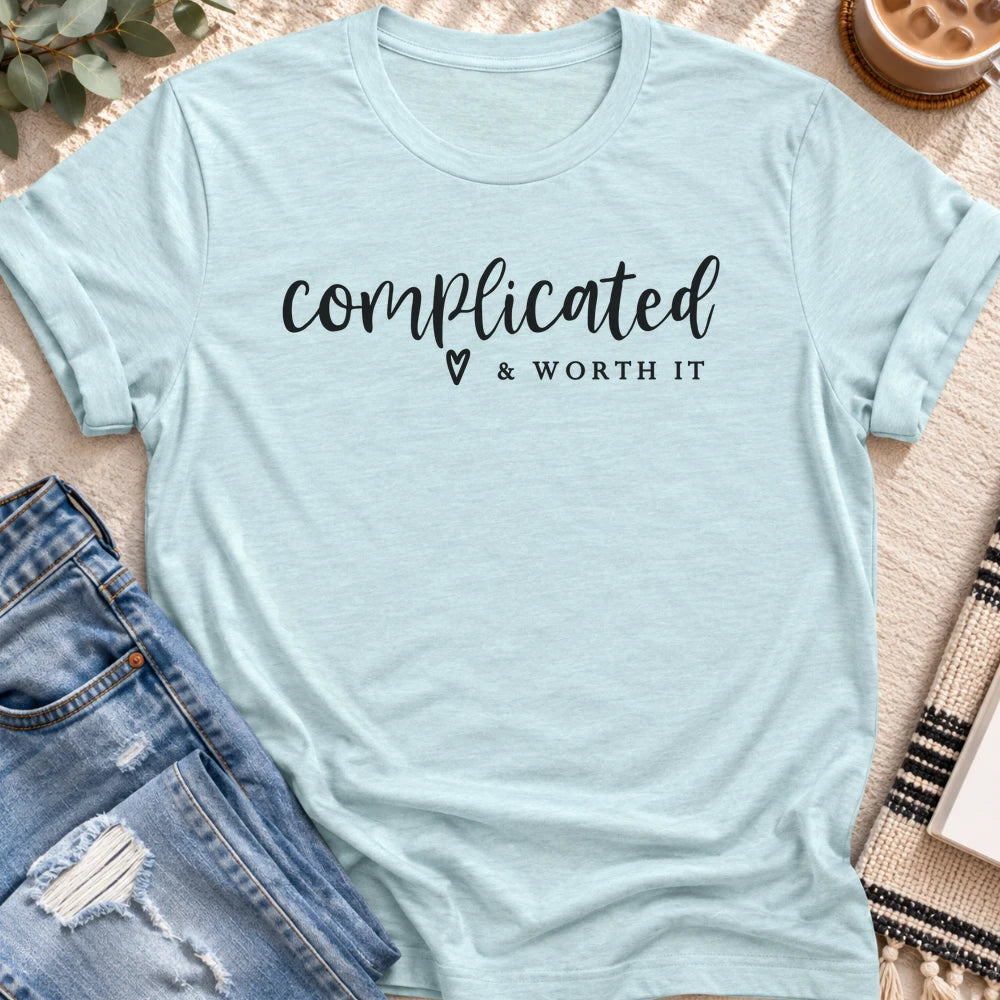 Complicated & Worth It T-shirt in Heather Prism Ice Blue - Quiet Chaos Co unisex mental health tee