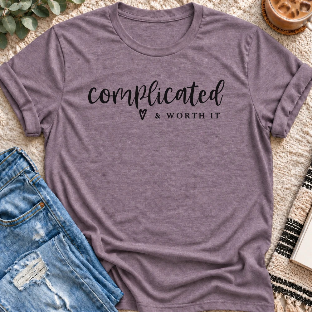 Complicated & Worth It T-shirt in Heather Purple - Quiet Chaos Co unisex mental health tee