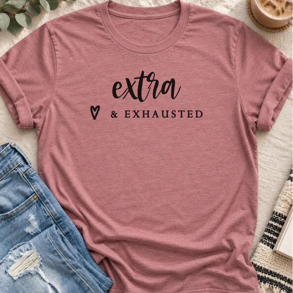 Extra & Exhausted T-shirt in Heather Mauve - Quiet Chaos Co unisex mental health tee