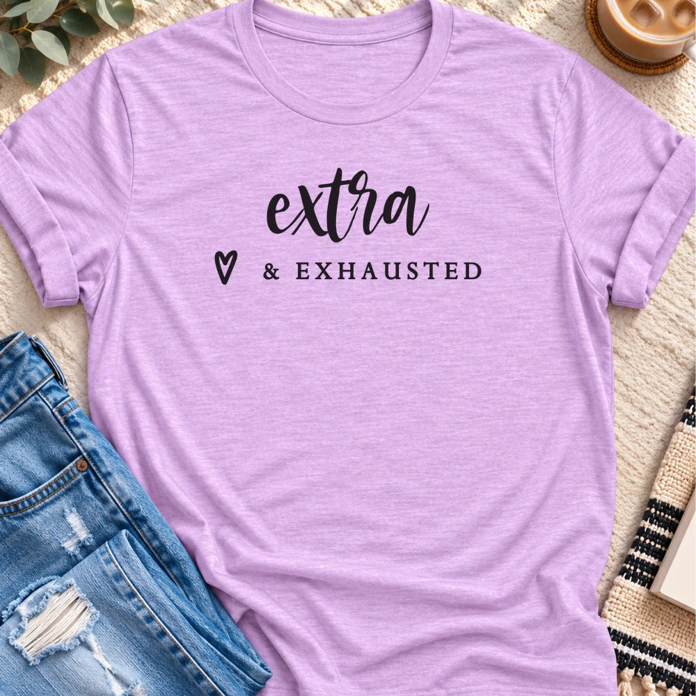 Extra & Exhausted T-shirt in Heather Prism Lilac - Quiet Chaos Co unisex mental health tee