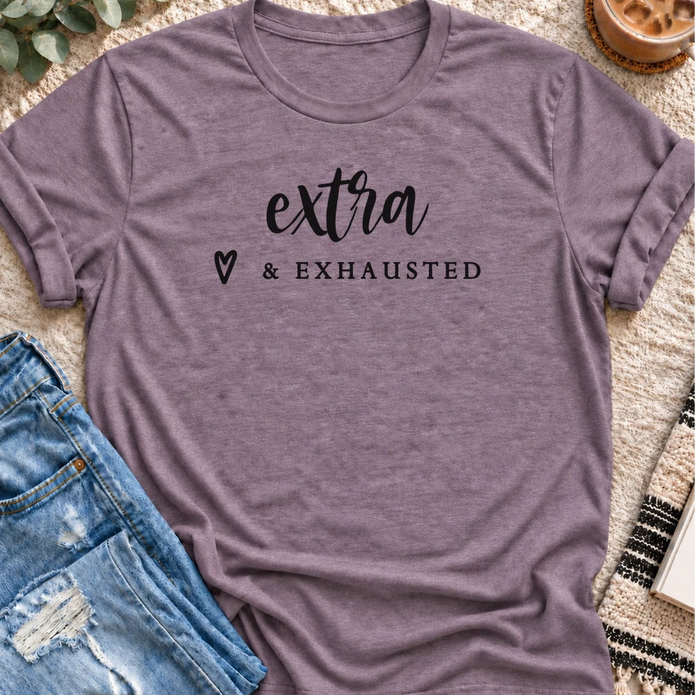Extra & Exhausted T-shirt in Heather Purple - Quiet Chaos Co unisex mental health tee