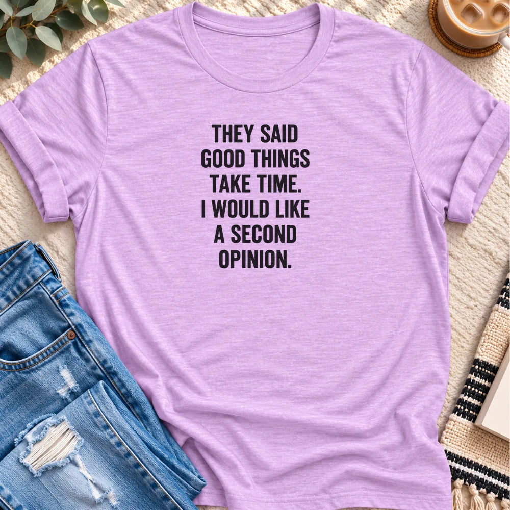 Good Things Take Time, Second Opinion T-shirt in Heather Prism Lilac - Quiet Chaos Co unisex mental health tee