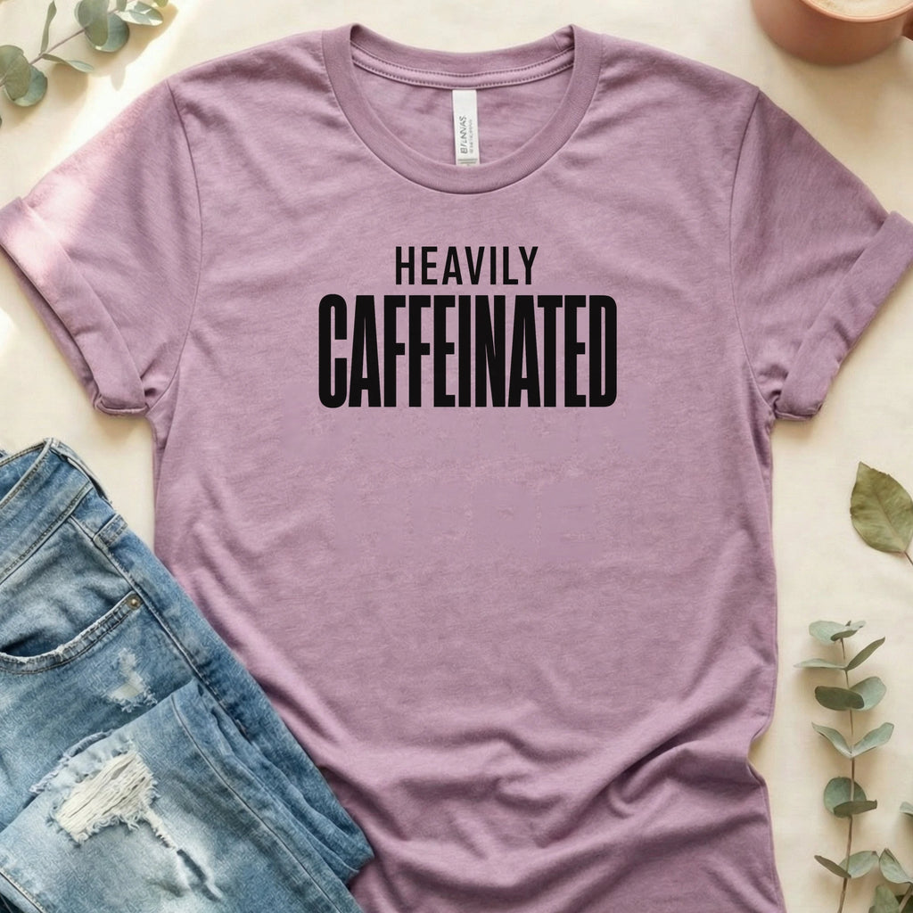 Heavily Caffeinated T-Shirt – Heather Prism Lilac Bella Canvas Unisex Tee | Quiet Chaos Co
