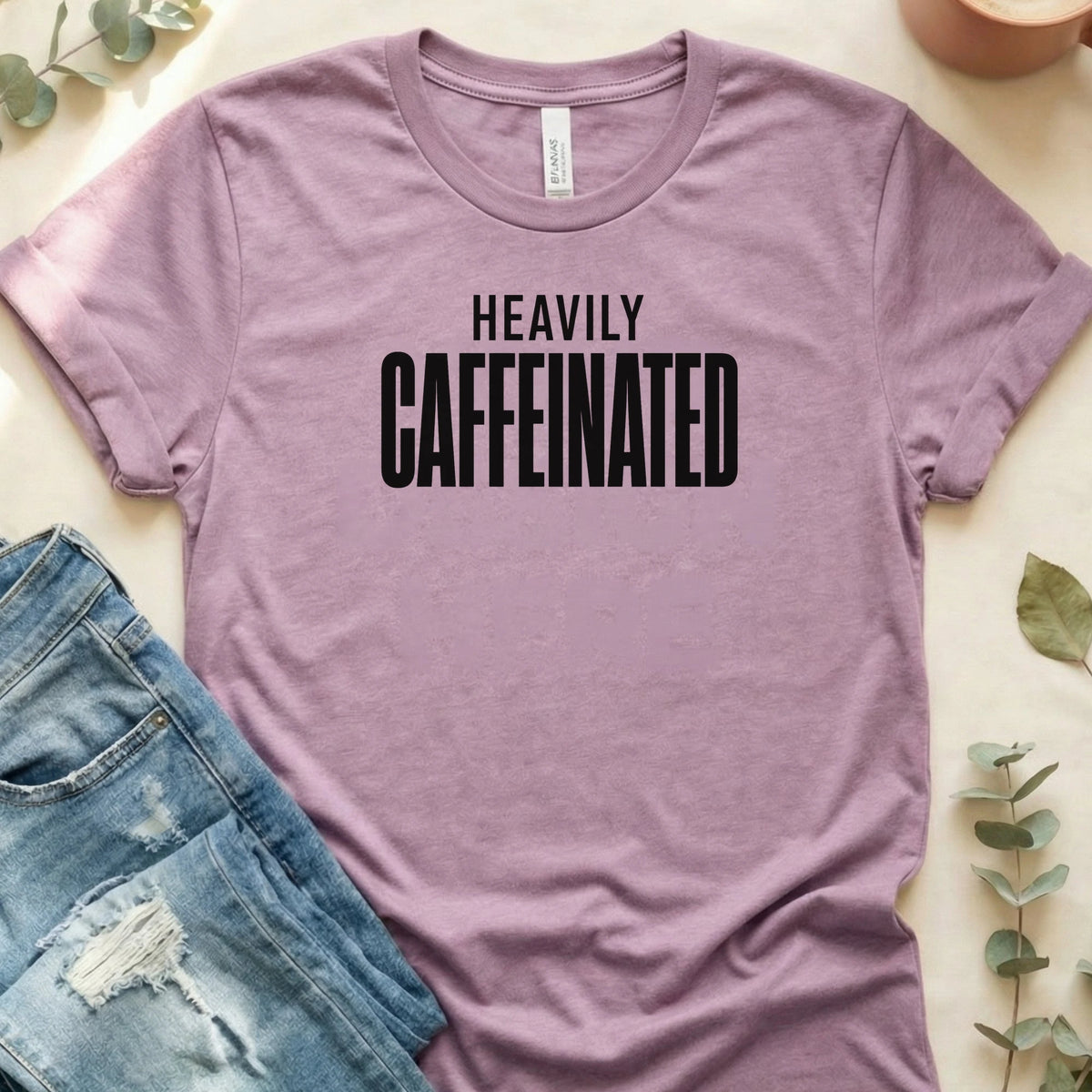 Heavily Caffeinated T-Shirt – Heather Prism Lilac Bella Canvas Unisex Tee | Quiet Chaos Co