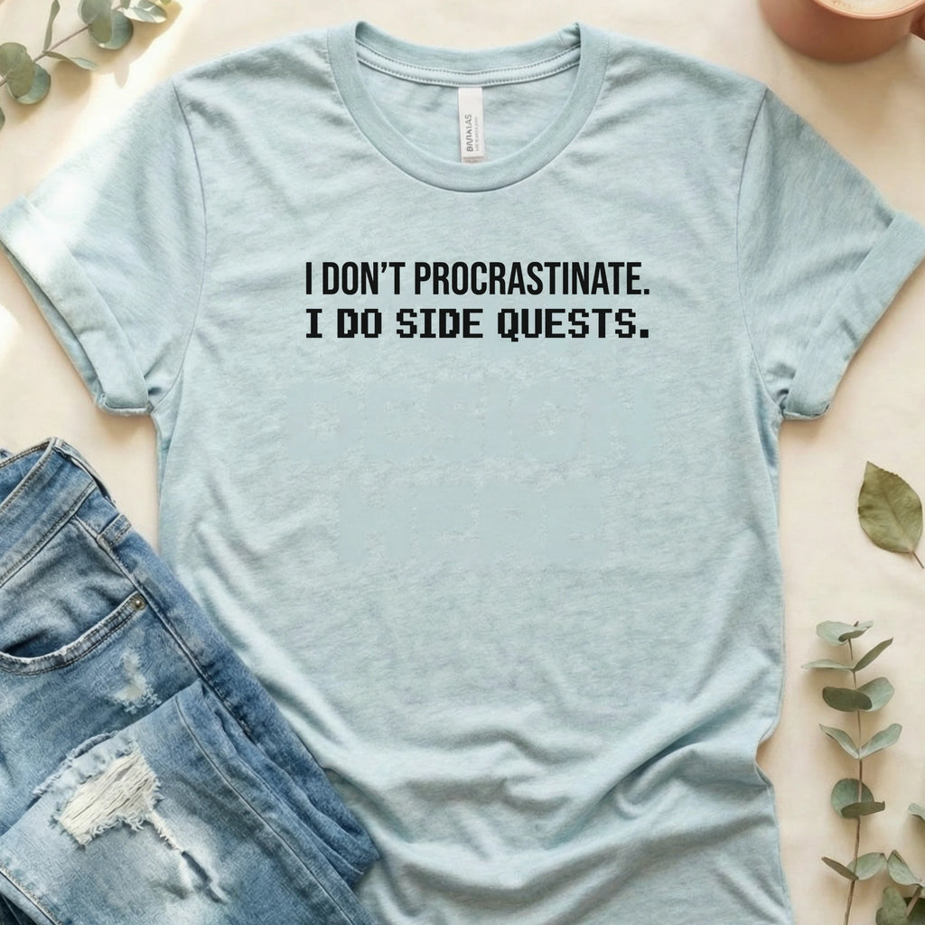 I Do Side Quests T-Shirt – Heather Prism Ice Blue Bella Canvas Unisex Tee | Quiet Chaos Co