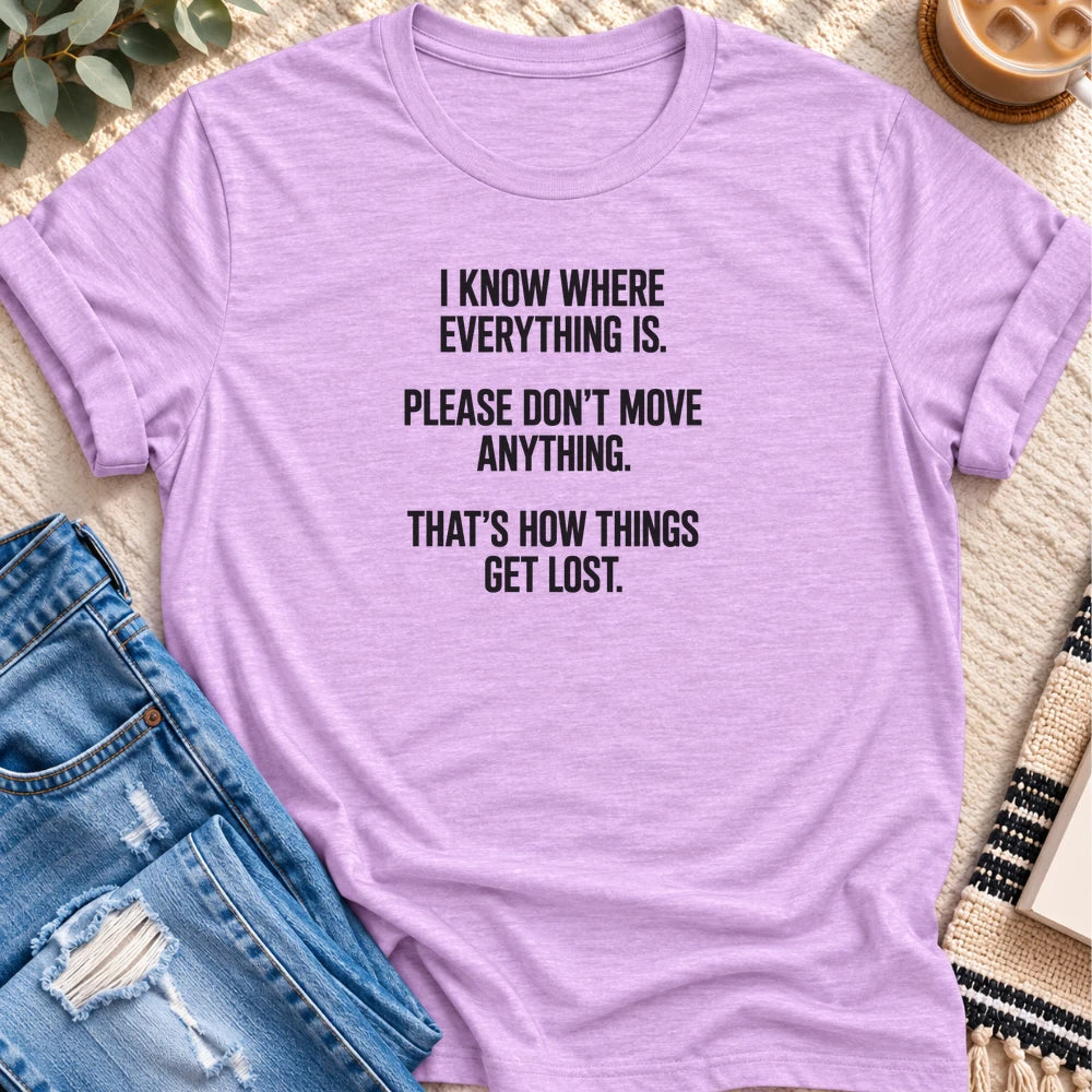 I Know Where Everything Is T-shirt in Heather Prism Lilac - Quiet Chaos Co unisex mental health tee