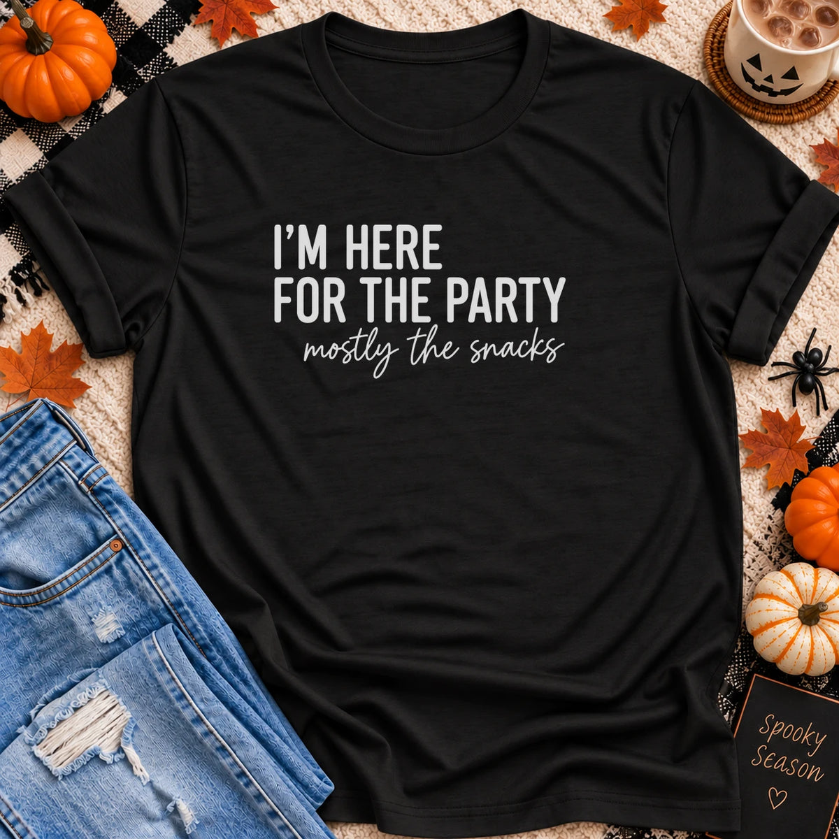 I'm Here for the Party, Mostly the Snacks T-Shirt in Black - Quiet Chaos Co unisex mental health tee