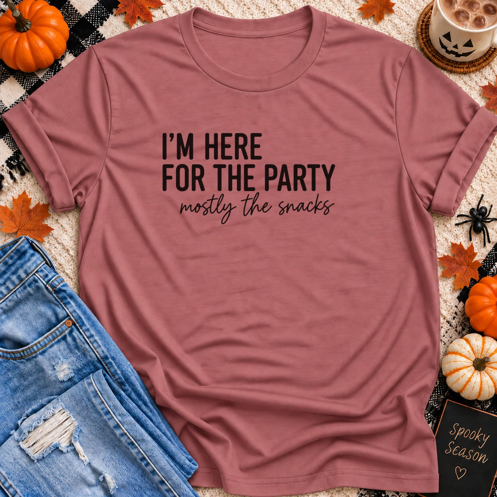 I'm Here for the Party, Mostly the Snacks T-Shirt in Mauve - Quiet Chaos Co unisex mental health tee