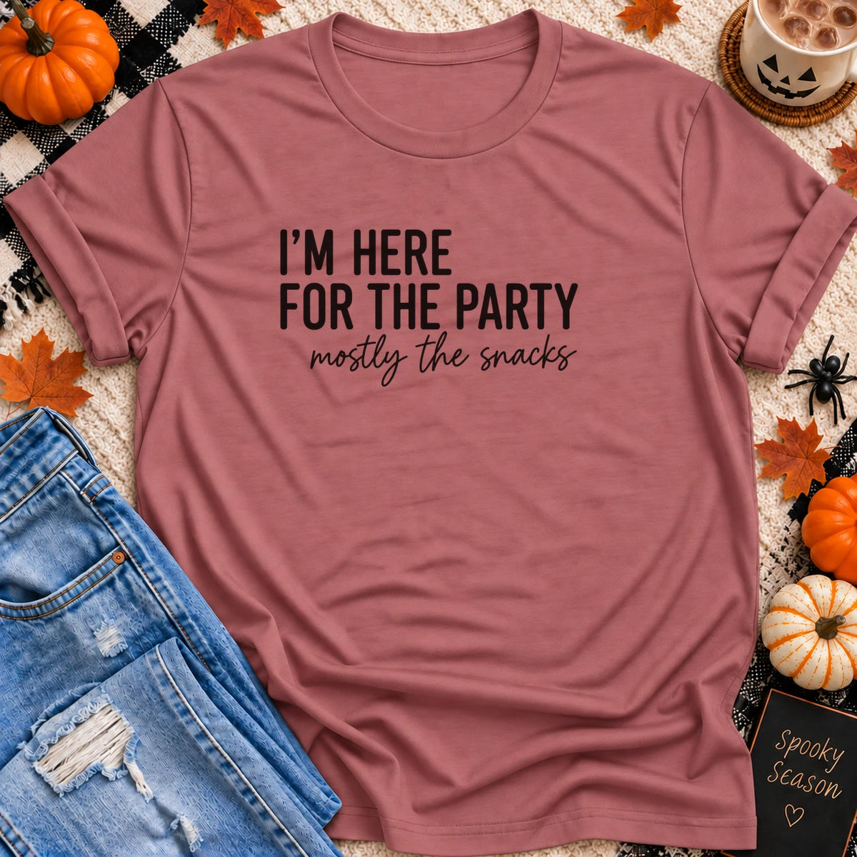 I'm Here for the Party, Mostly the Snacks T-Shirt in Mauve - Quiet Chaos Co unisex mental health tee