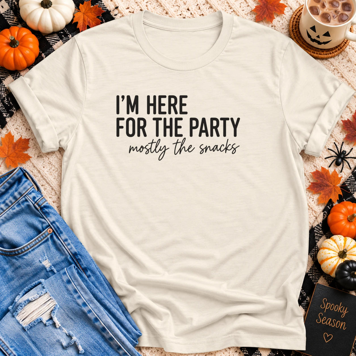 I'm Here for the Party, Mostly the Snacks T-Shirt in Natural - Quiet Chaos Co unisex mental health tee