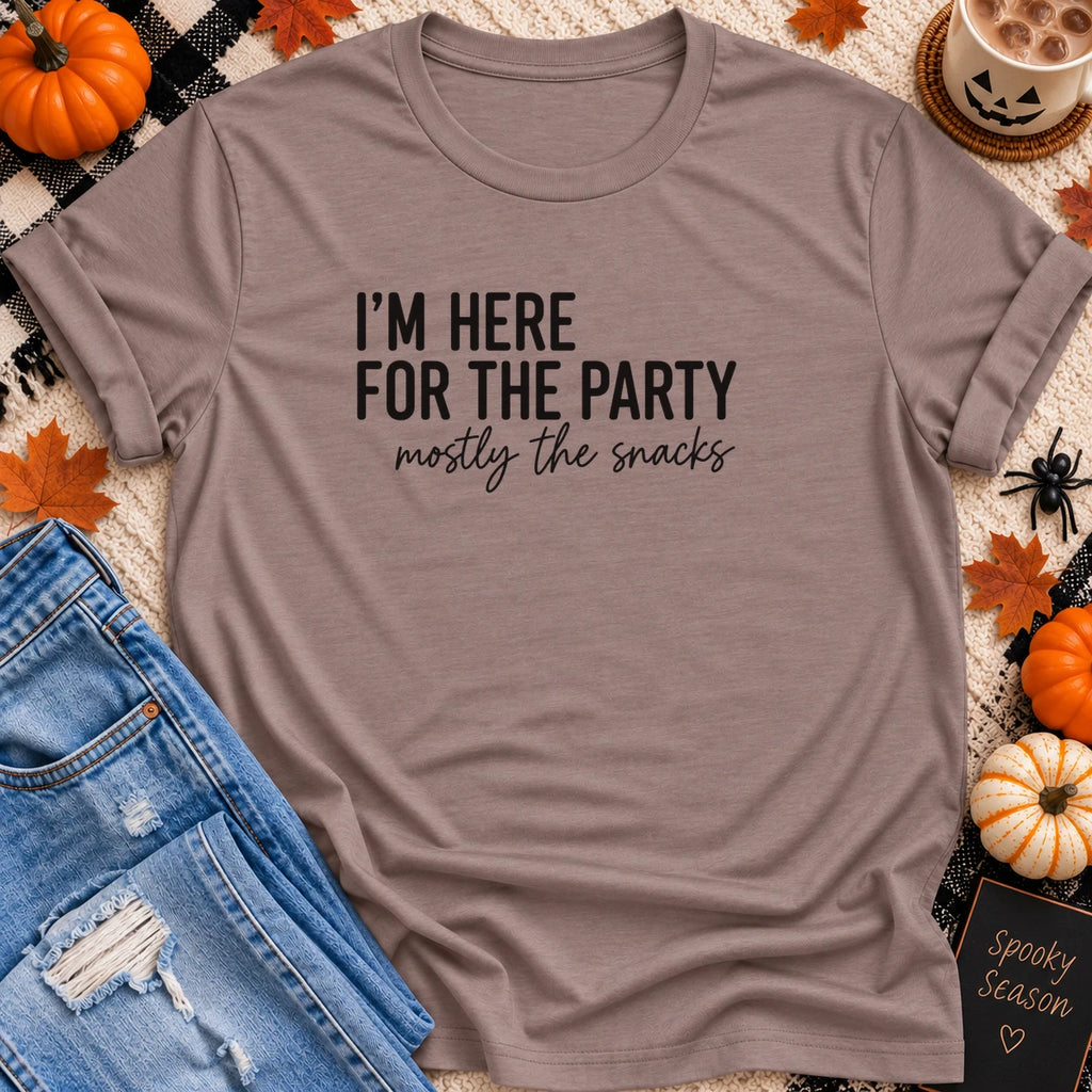 I'm Here for the Party, Mostly the Snacks T-Shirt in Pebble Brown - Quiet Chaos Co unisex mental health tee