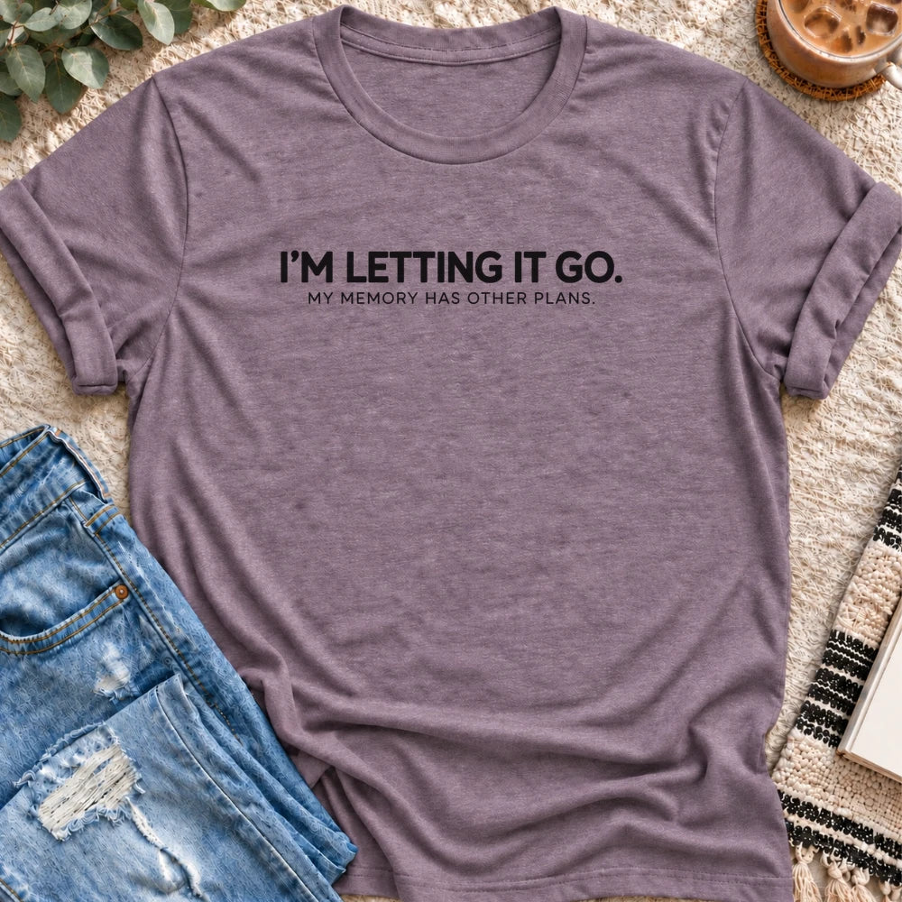 I'm Letting It Go, Memory Has Other Plans T-shirt in Heather Purple - Quiet Chaos Co unisex mental health tee