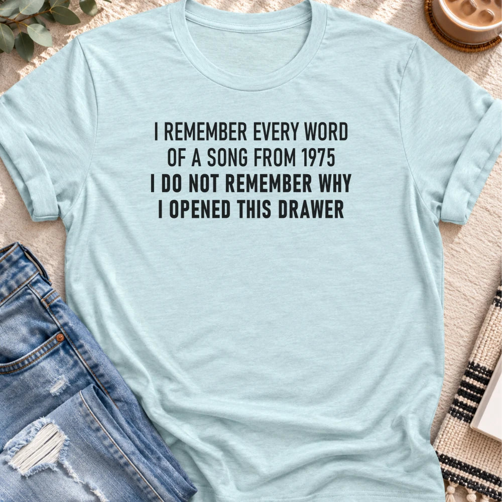 I Remember Every Word of a Song From 1975 T-shirt in Heather Prism Ice Blue - Quiet Chaos Co unisex mental health tee