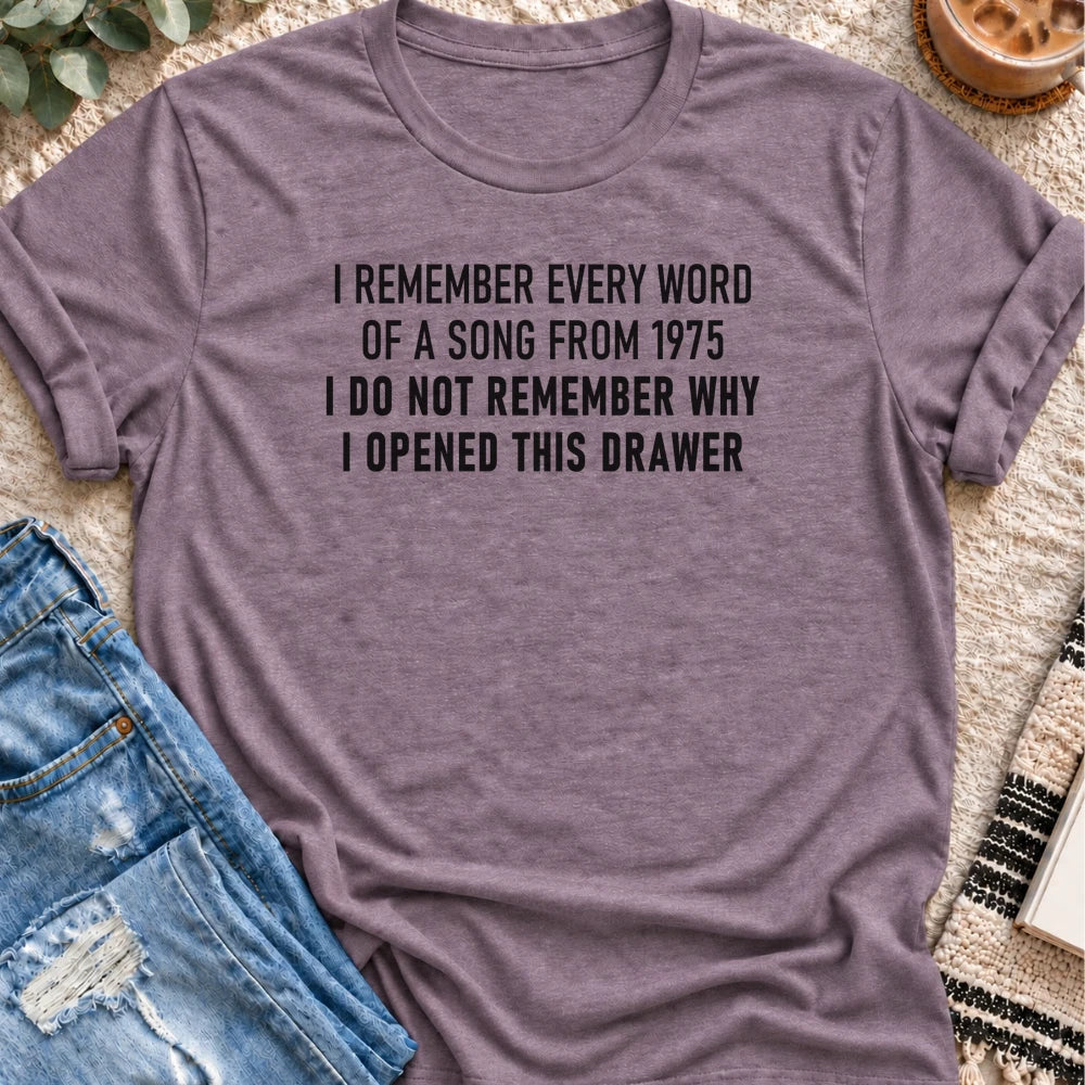 I Remember Every Word of a Song From 1975 T-shirt in Heather Purple - Quiet Chaos Co unisex mental health tee