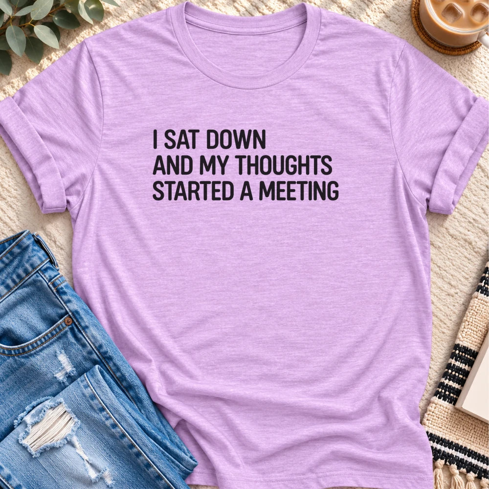 I Sat Down and My Thoughts Started a Meeting T-Shirt in Heather Prism Lilac - Quiet Chaos Co unisex mental health tee
