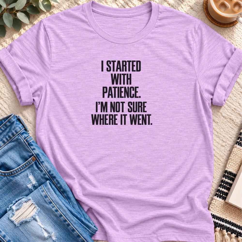 I Started With Patience T-shirt in Heather Prism Lilac - Quiet Chaos Co unisex mental health tee